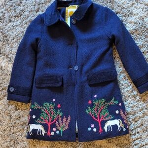 Mini Boden Navy Pea Coat with Embroidered Unicorns